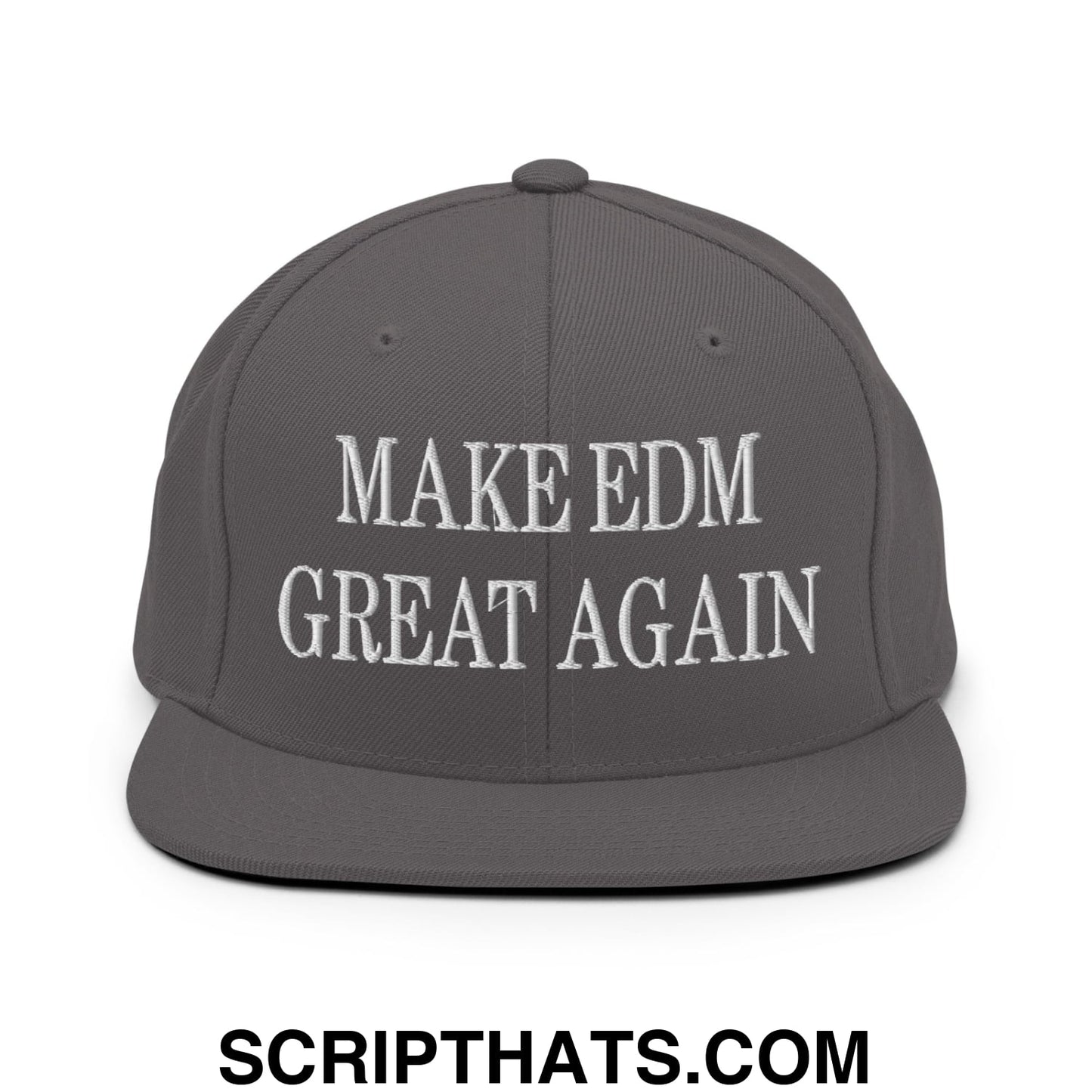 Gray flat bill snapback hat with white embroidered make edm great again text in a stylish streetwear design