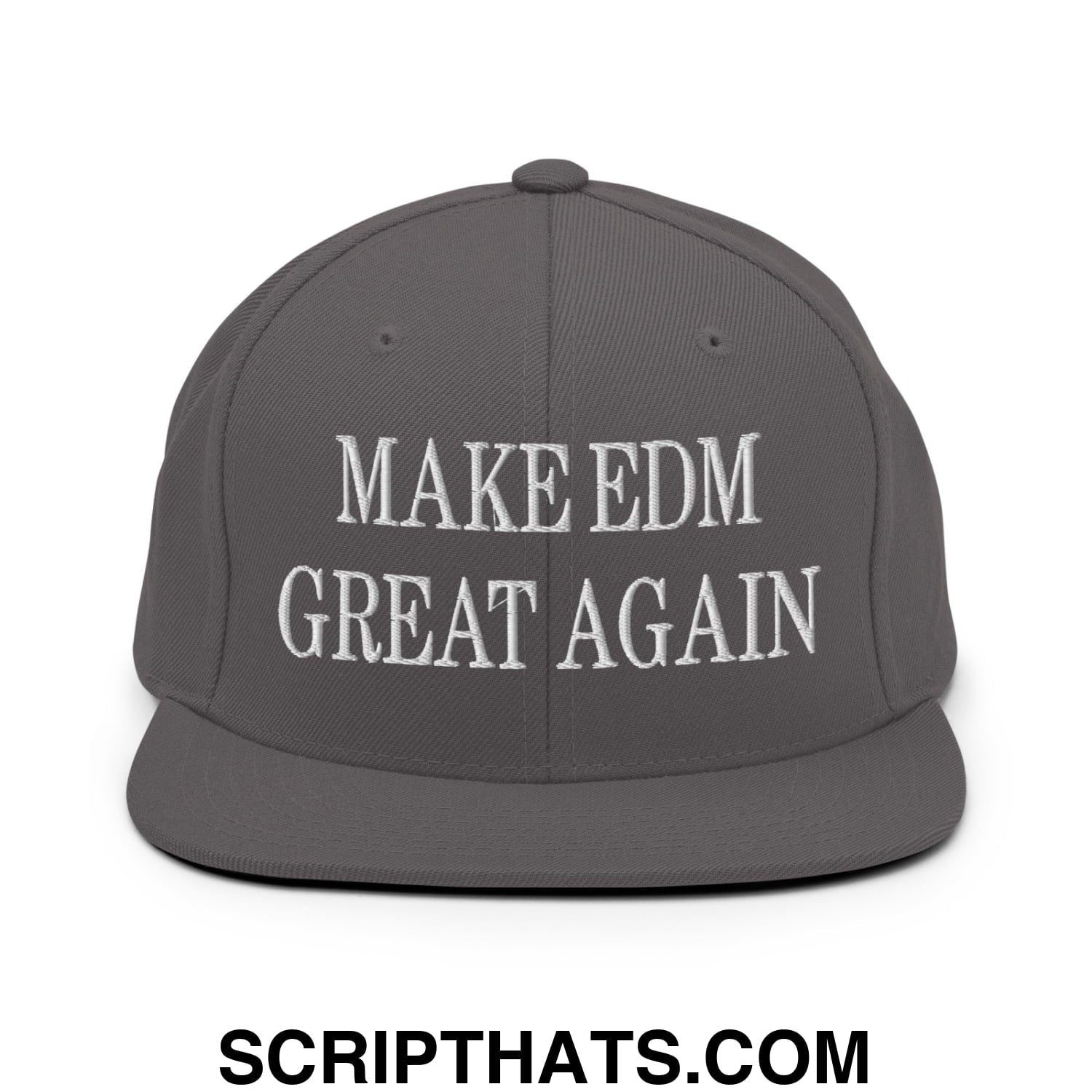 Gray flat bill snapback hat with white embroidered make edm great again text in a stylish streetwear design