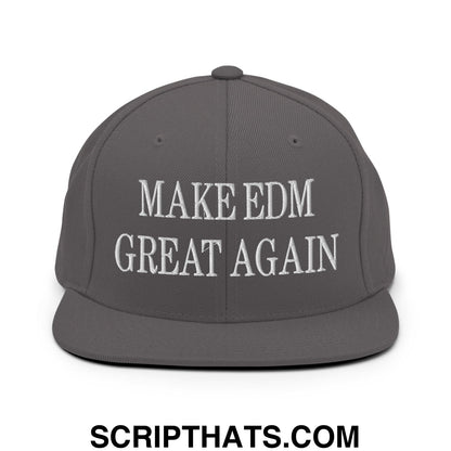 Gray flat bill snapback hat with white embroidered make edm great again text in a stylish streetwear design