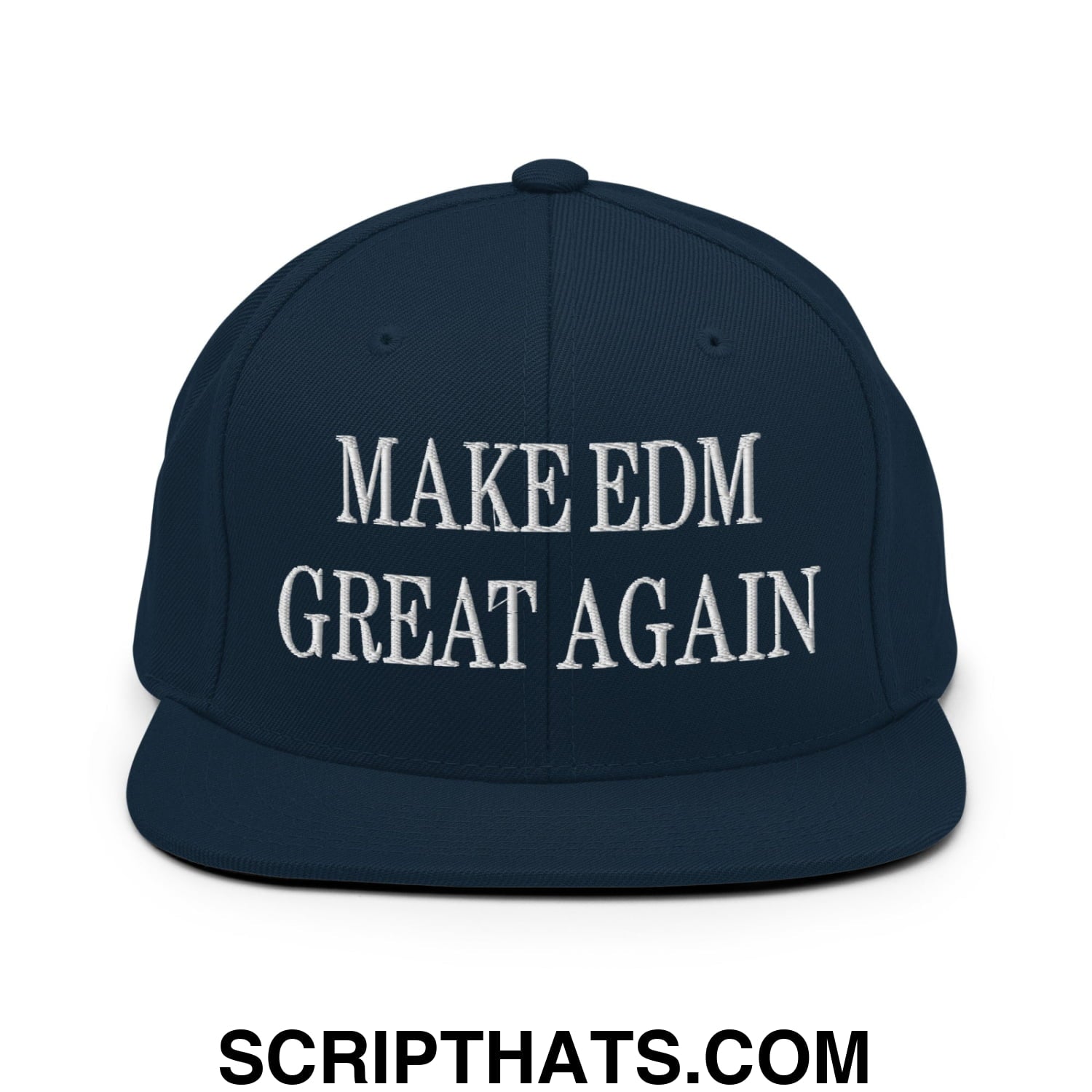 Navy blue snapback hat with white embroidered make edm great again text and flat bill brim design