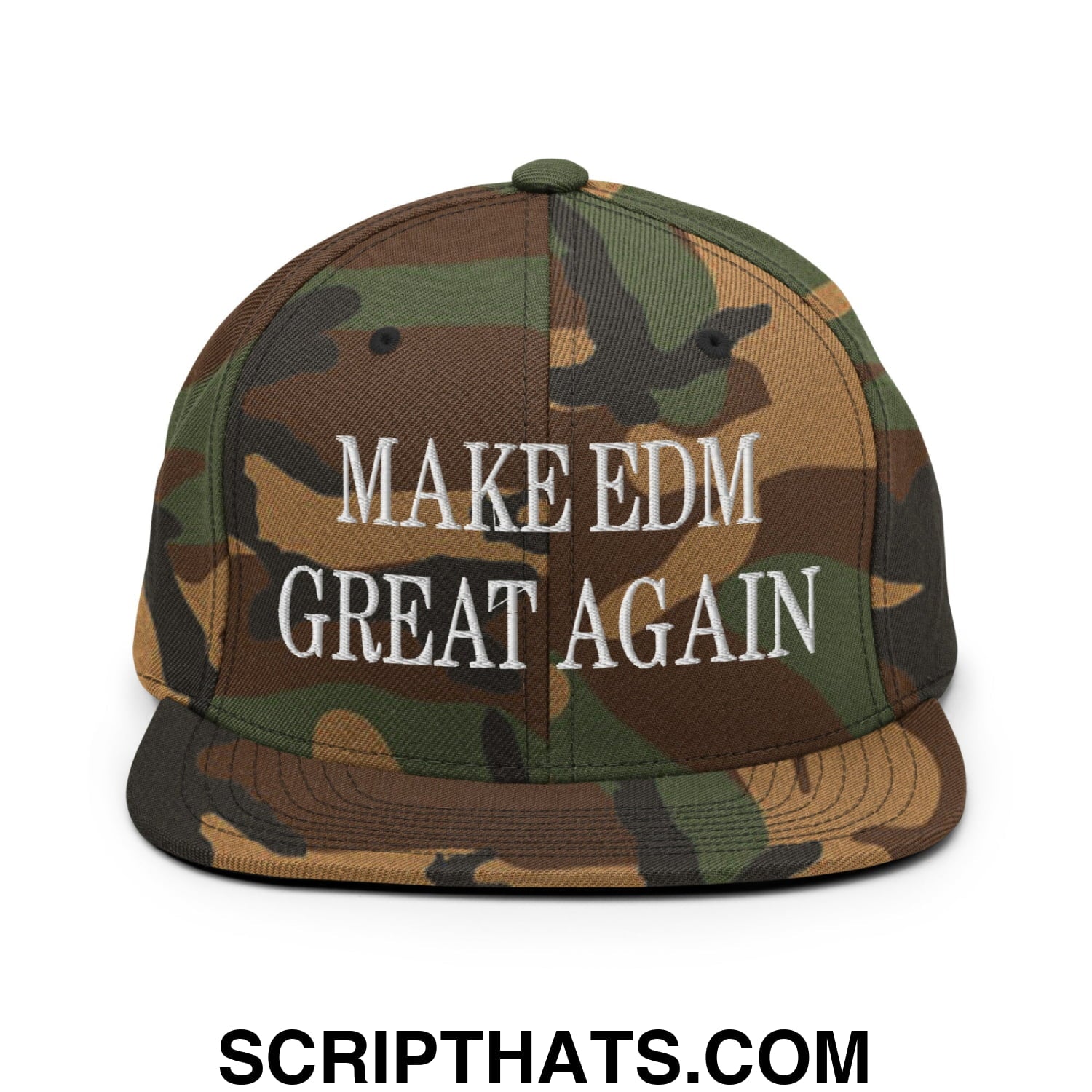 Camouflage snapback cap with white embroidered make edm great again text and flat bill brim design