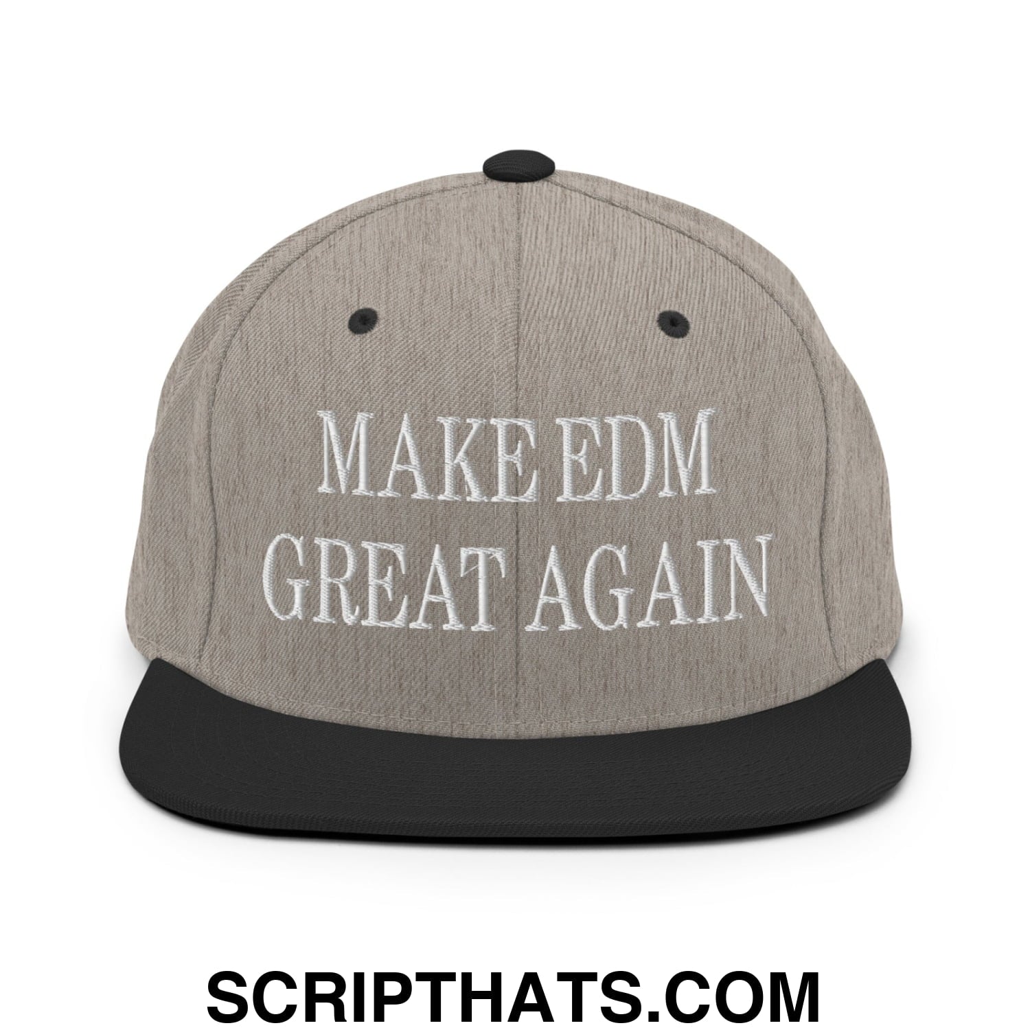 Gray snapback hat with black brim and embroidered white text make edm great again on front panel