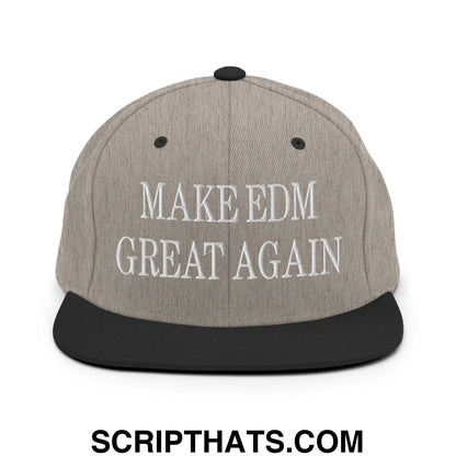 Gray snapback hat with black brim and embroidered white text make edm great again on front panel