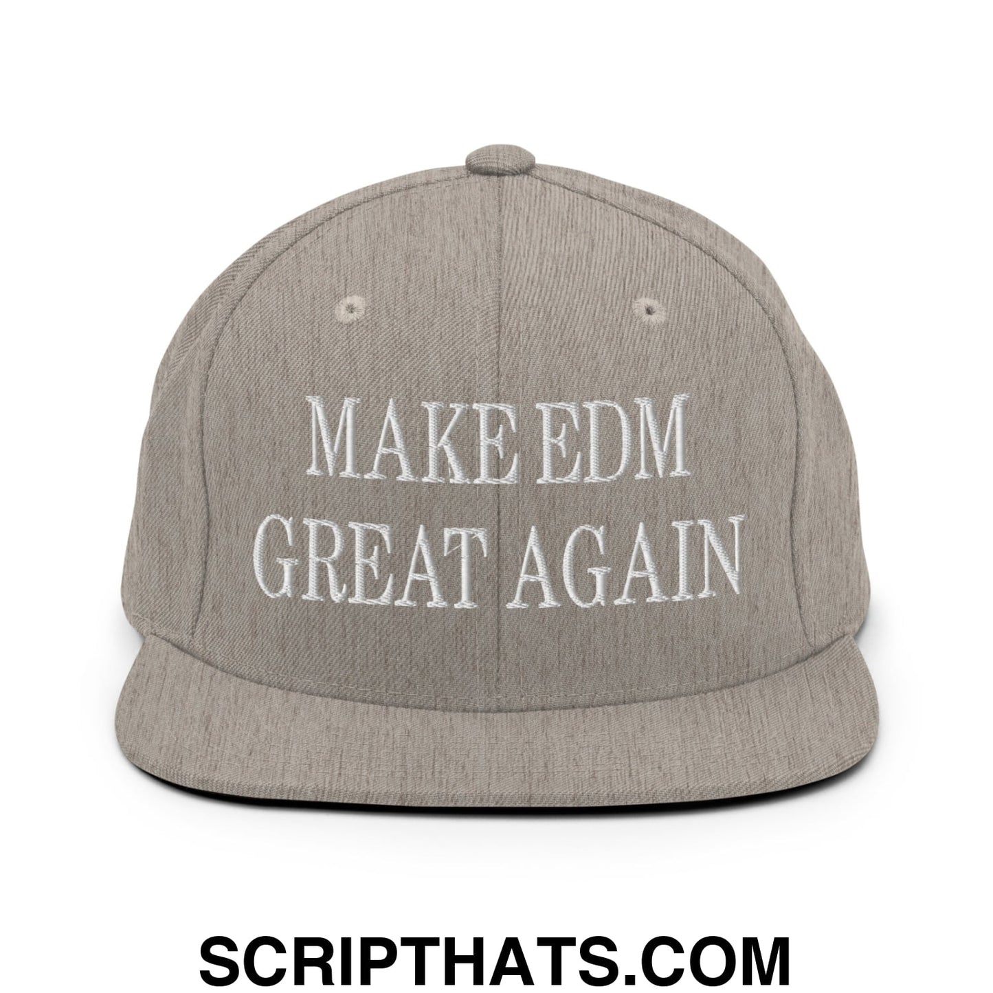 Gray snapback hat with white embroidered text make edm great again on flat bill brim for music festival wear