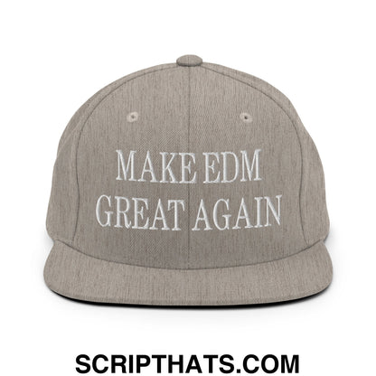 Gray snapback hat with white embroidered text make edm great again on flat bill brim for music festival wear