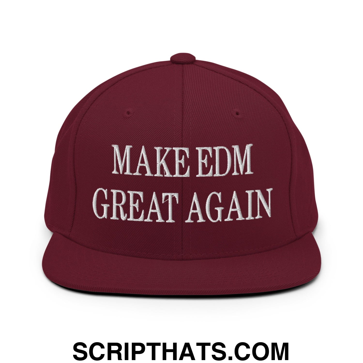 Maroon snapback hat with white embroidered make edm great again text and flat bill brim design