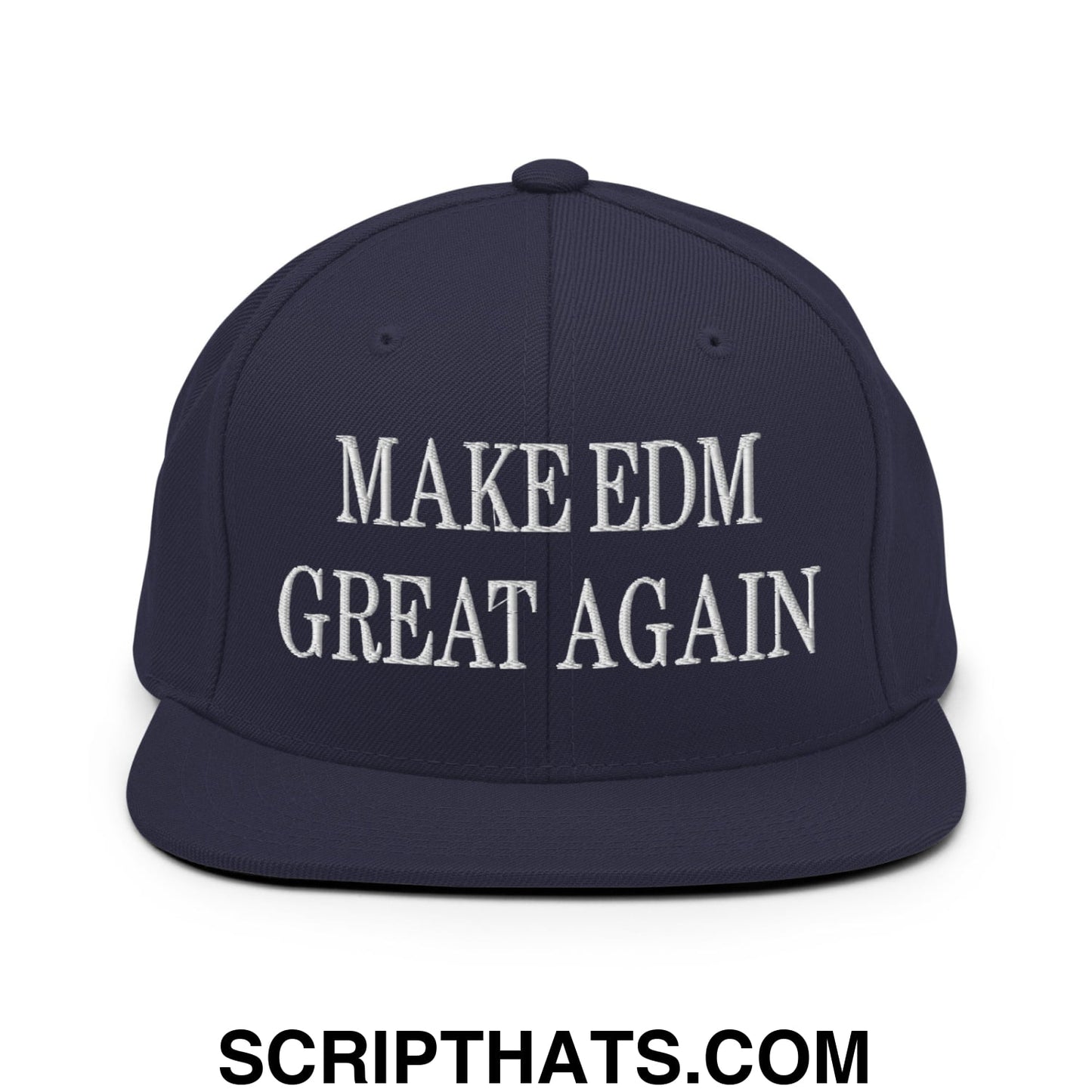 Navy blue snapback cap with white embroidered make edm great again text and flat bill brim design
