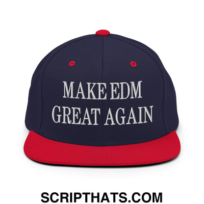 Navy blue and red snapback hat with white embroidered make edm great again text and flat bill brim design