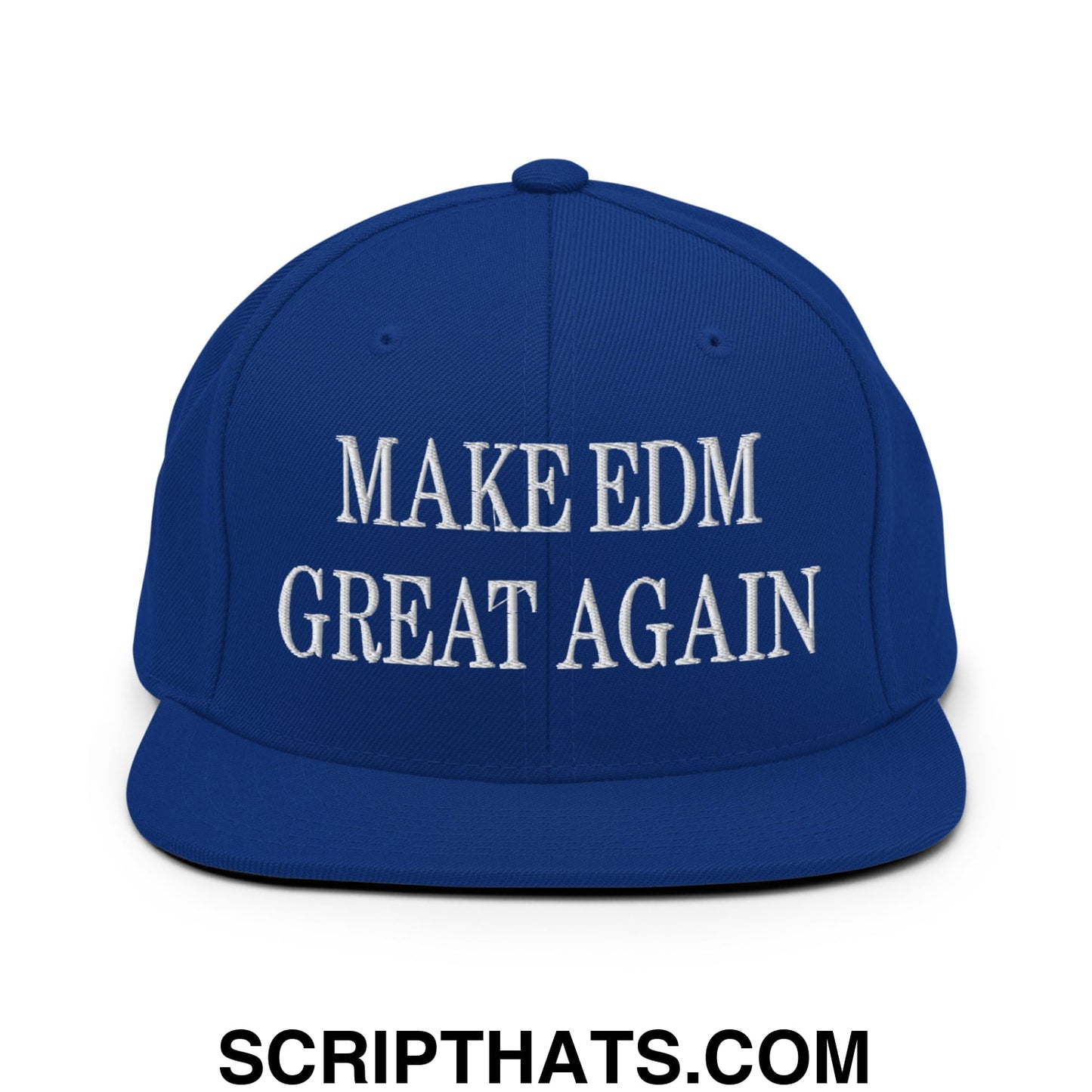 Royal blue snapback hat with white embroidered make edm great again text and flat bill brim design