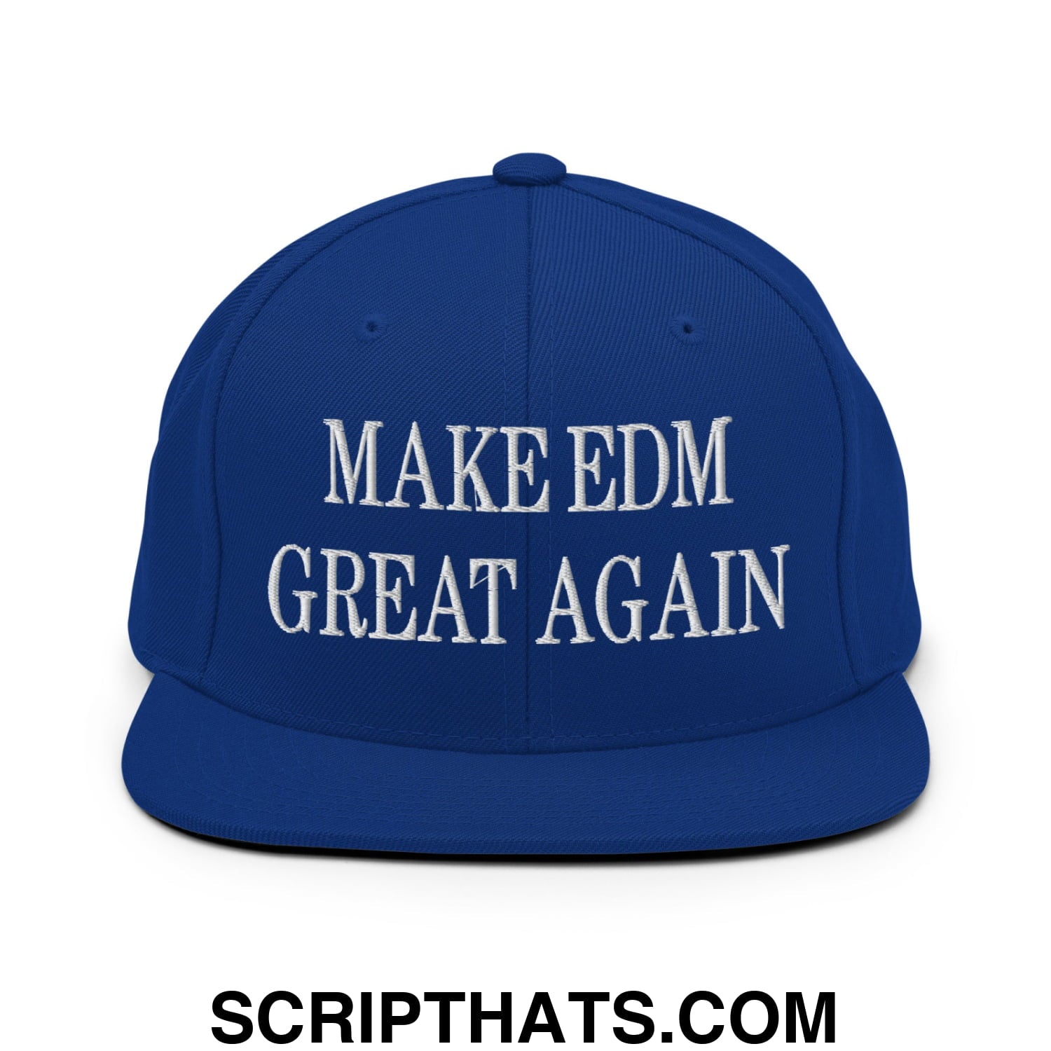 Royal blue snapback hat with white embroidered make edm great again text and flat bill brim design