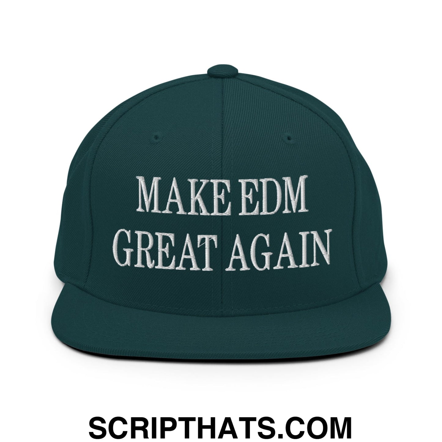Dark green flat bill snapback hat with white embroidered make edm great again text for edm fans and casual wear