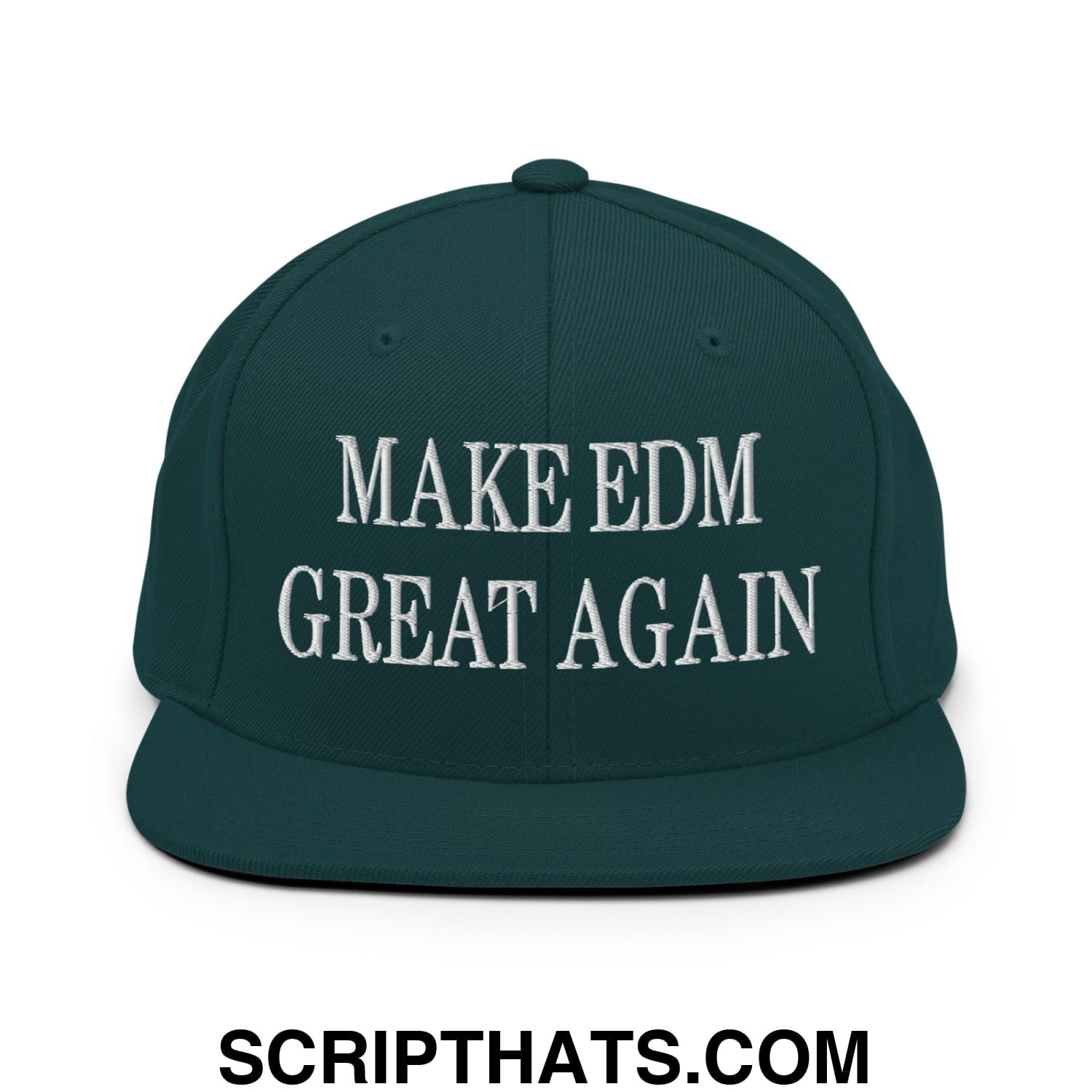 Dark green flat bill snapback hat with white embroidered make edm great again text for edm fans and casual wear