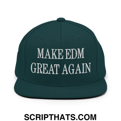 Dark green flat bill snapback hat with white embroidered make edm great again text for edm fans and casual wear