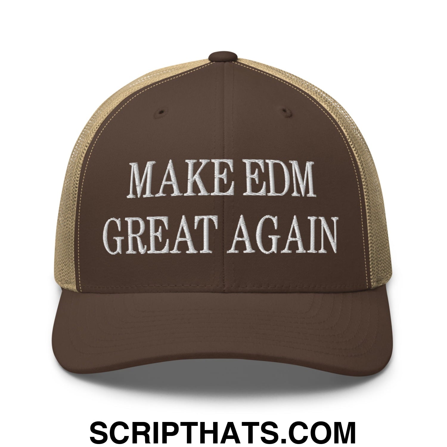 Brown and tan mesh trucker hat with white embroidered text reading make EDM great again