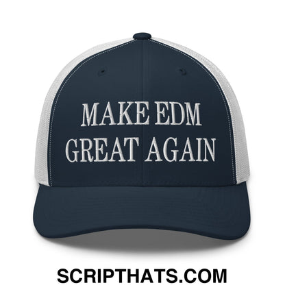 Navy blue and white mesh trucker hat with embroidered make edm great again text in bold uppercase font