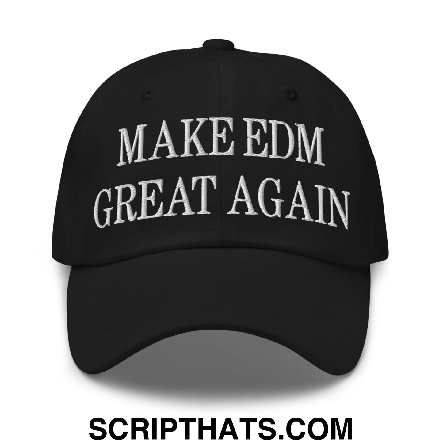 Black unstructured dad hat with white embroidered text make edm great again for casual wear and music fans