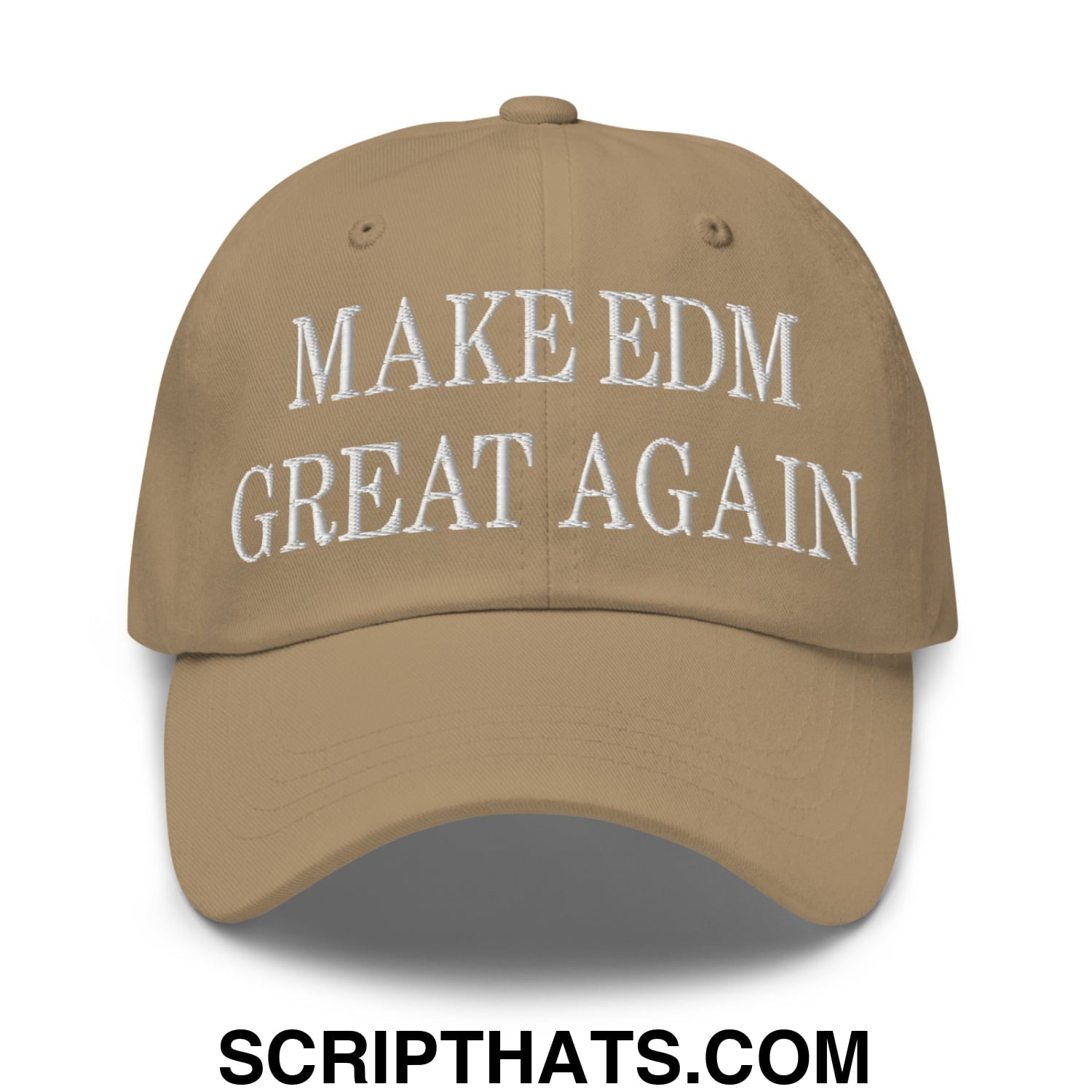Tan unstructured dad hat with white embroidered text make edm great again for casual wear