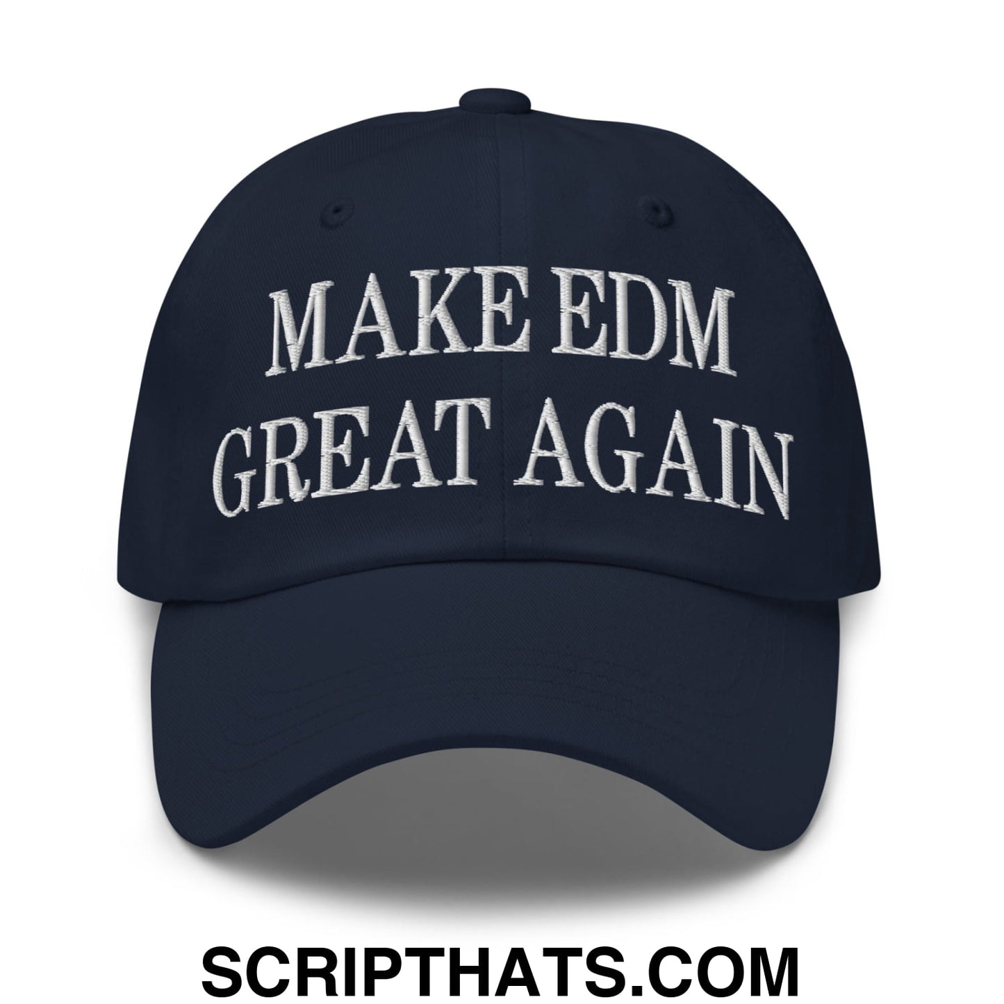 A navy blue unstructured dad hat with white embroidered text make edm great again for casual wear