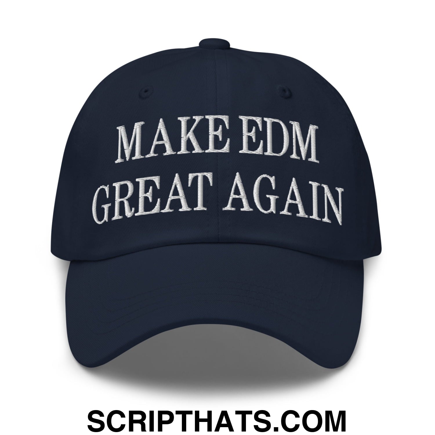 A navy blue unstructured dad hat with white embroidered text make edm great again for casual wear