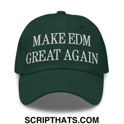 Dark green unstructured dad hat with white embroidered text make edm great again for casual wear