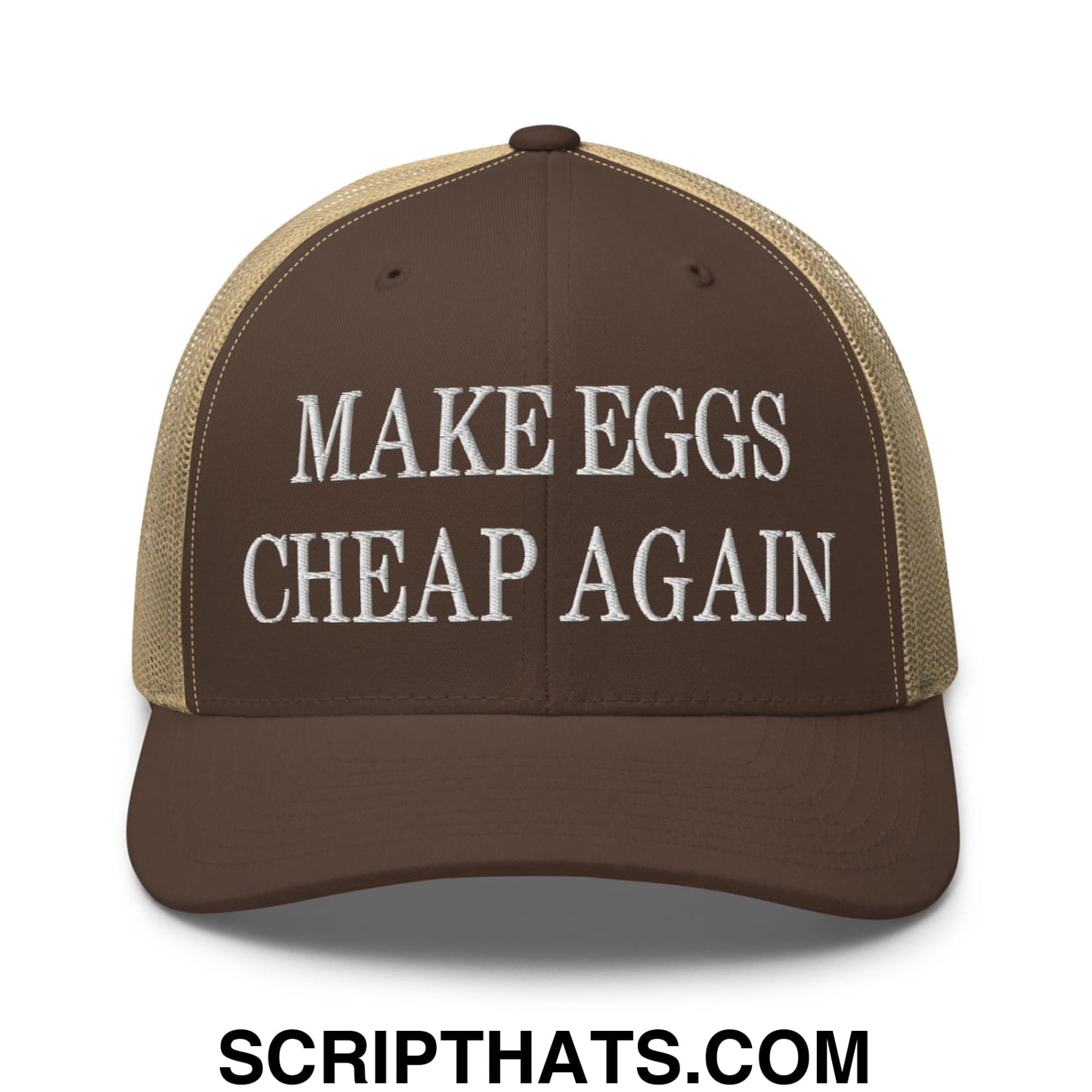 Make Eggs Cheap Again Embroidered Mesh Trucker Hat Brown Khaki