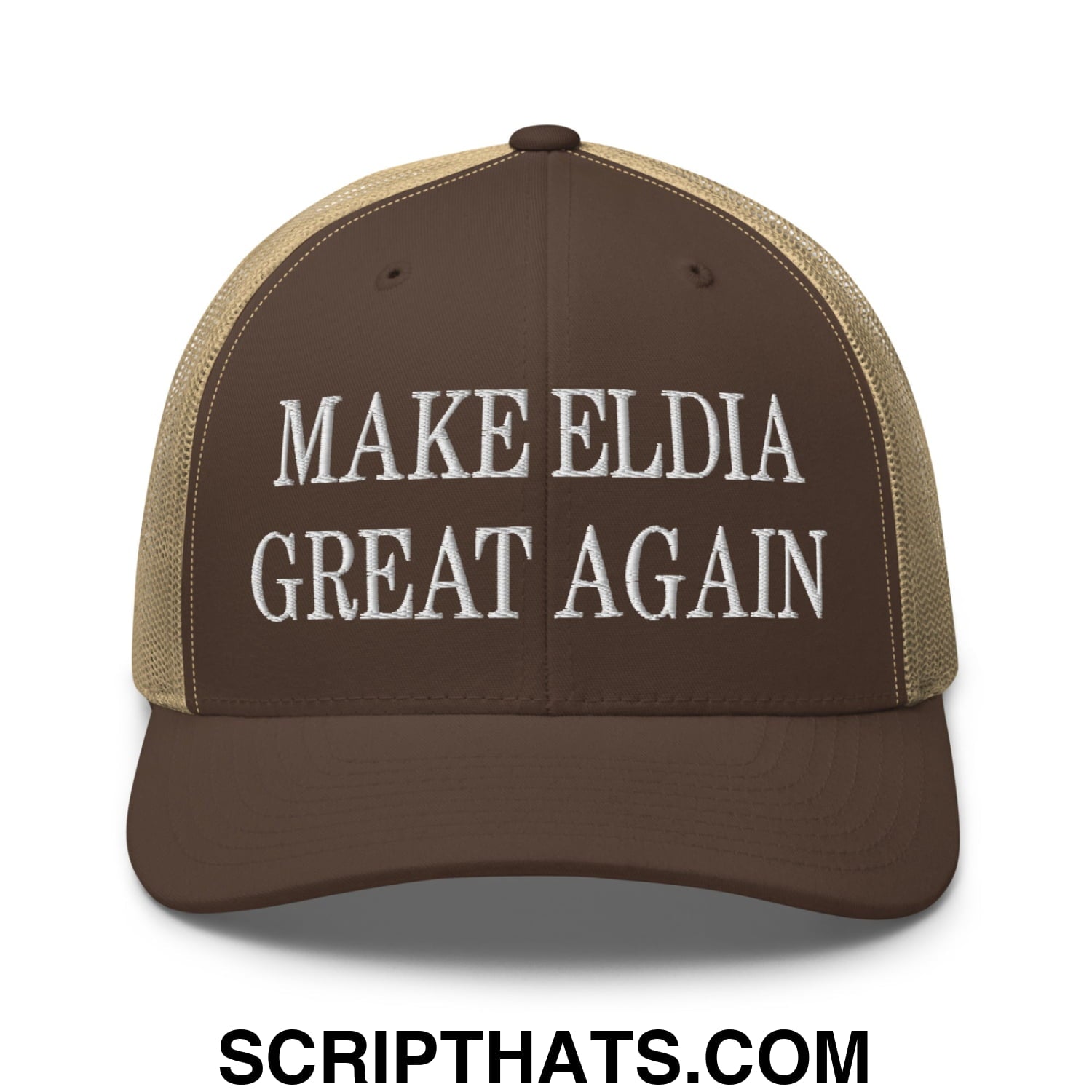Make Eldia Great Again Embroidered Mesh Trucker Hat Brown Khaki