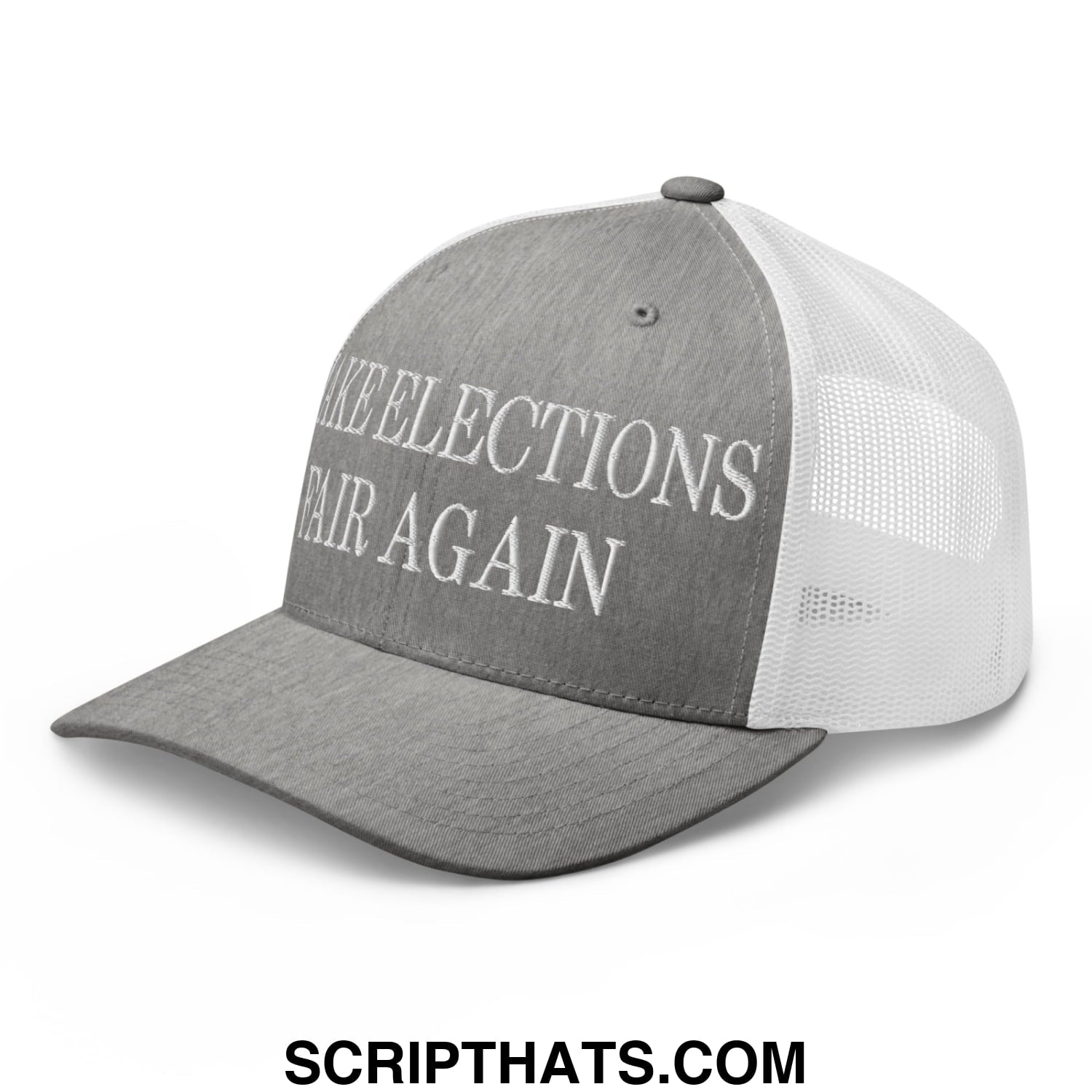 Make Elections Fair Again Embroidered Mesh Trucker Hat Heather Grey White