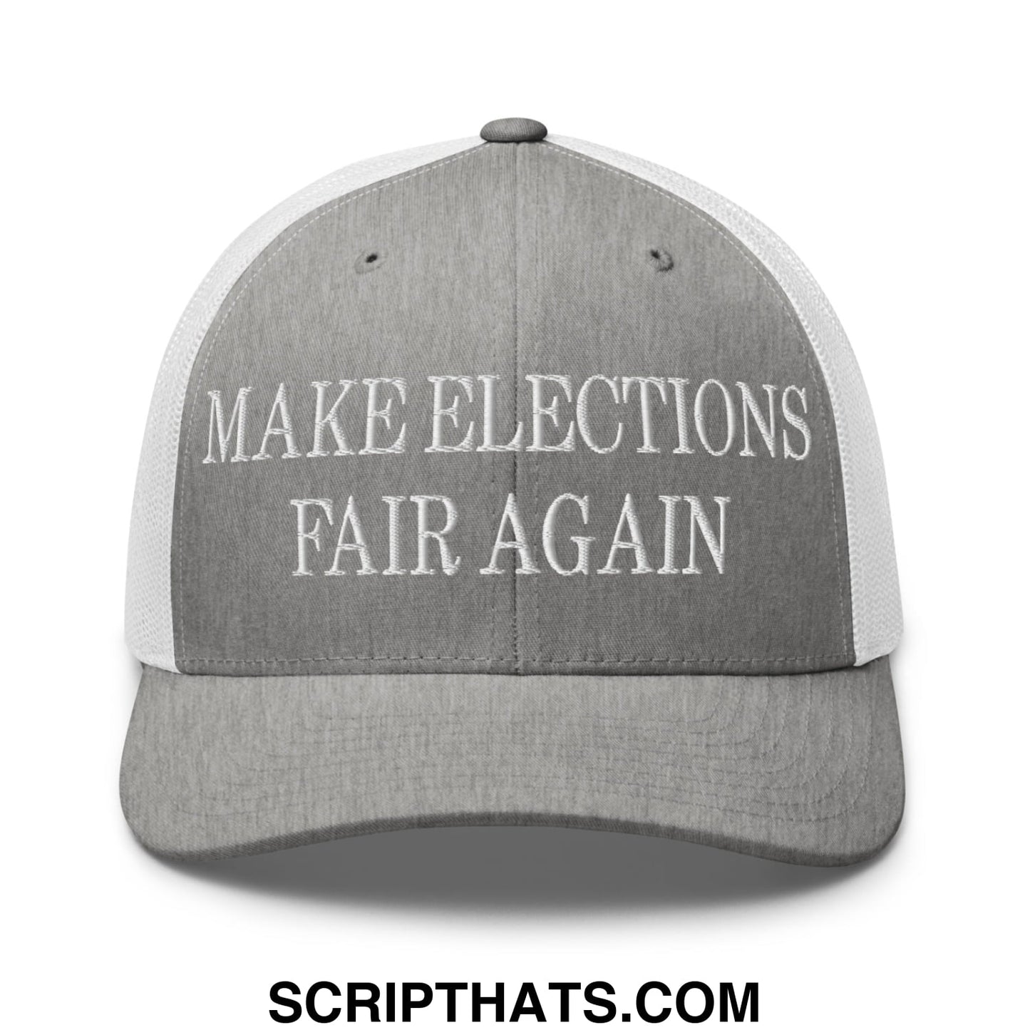 Make Elections Fair Again Embroidered Mesh Trucker Hat Heather Grey White