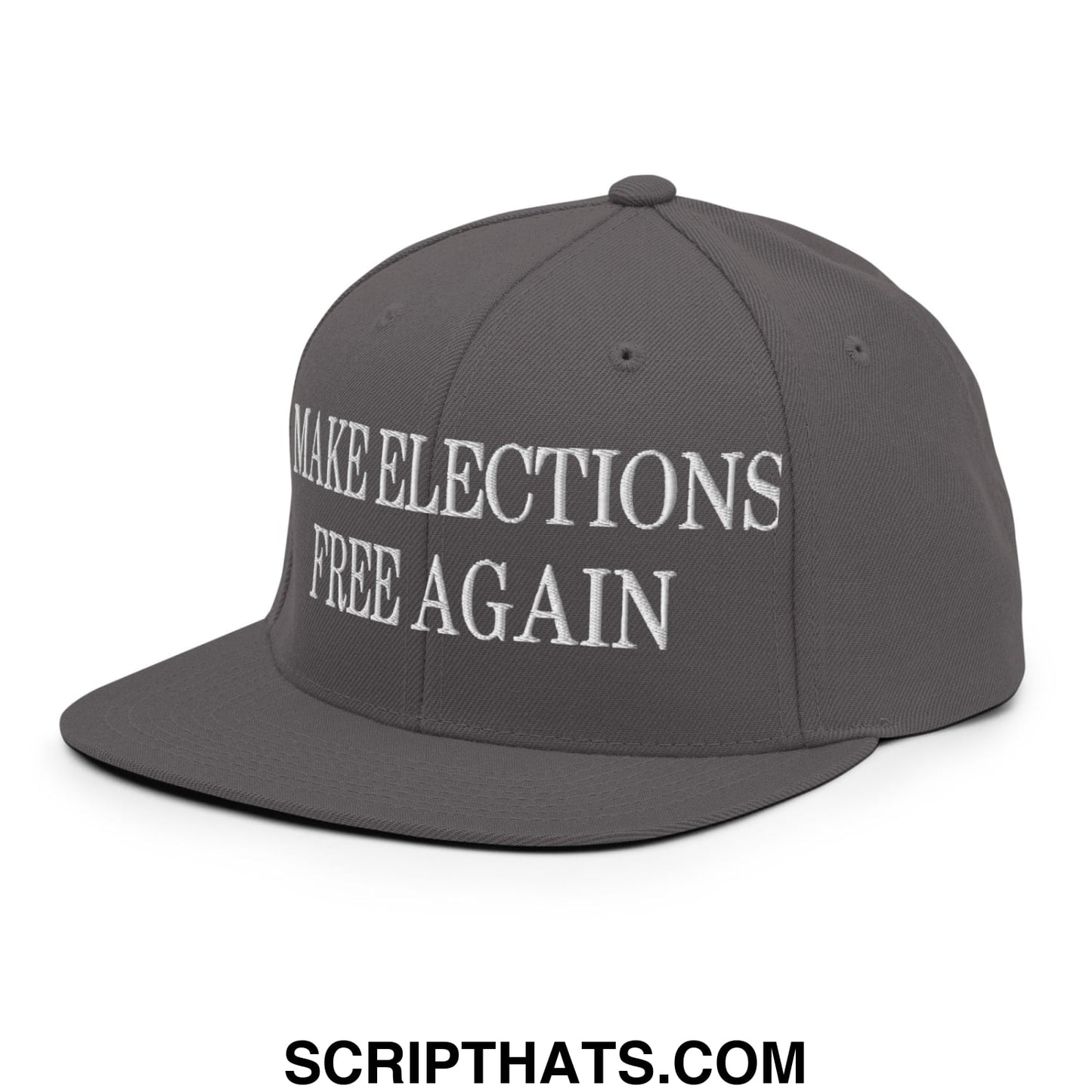 Gray snapback hat with white embroidered make elections free again text and flat bill brim for casual wear