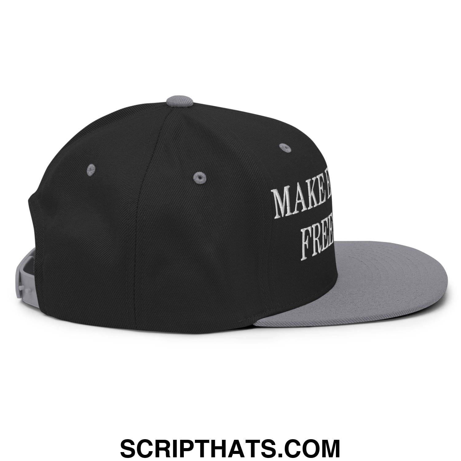 Black and gray snapback hat with white embroidered make free text featuring a flat bill brim for election freedom advocacy