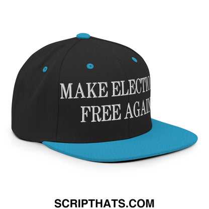Black snapback cap with teal brim and button featuring white embroidered text make elections free again
