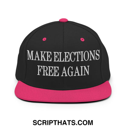 Black snapback cap with vibrant pink brim and white embroidered text make elections free again on front panel
