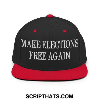Black and red snapback hat with white embroidered make elections free again text and flat bill brim design