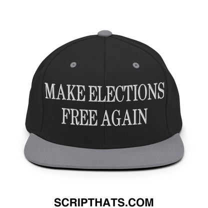 Black snapback cap with gray brim and button featuring white embroidered text make elections free again