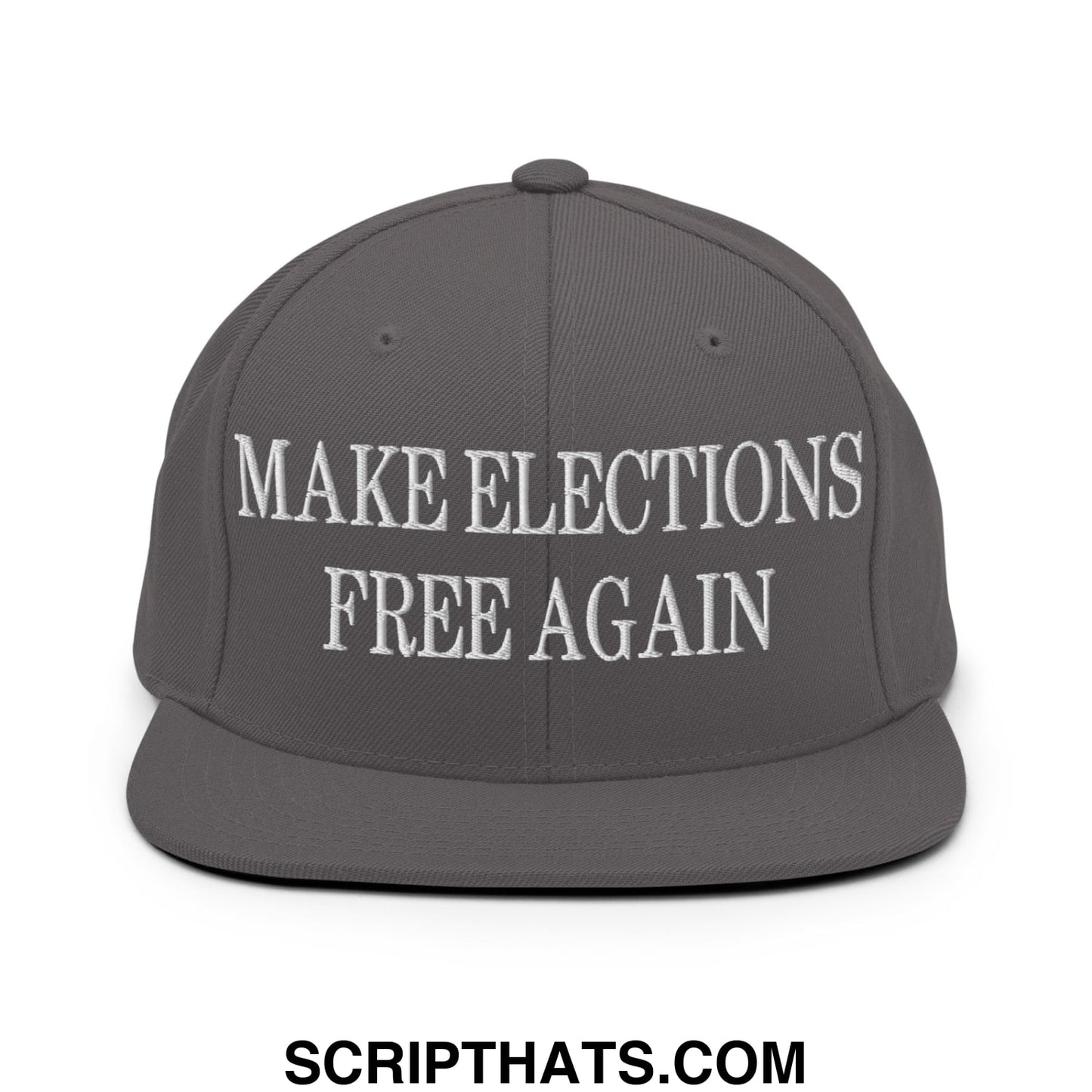 Gray flat bill snapback hat with white embroidered make elections free again text for casual wear