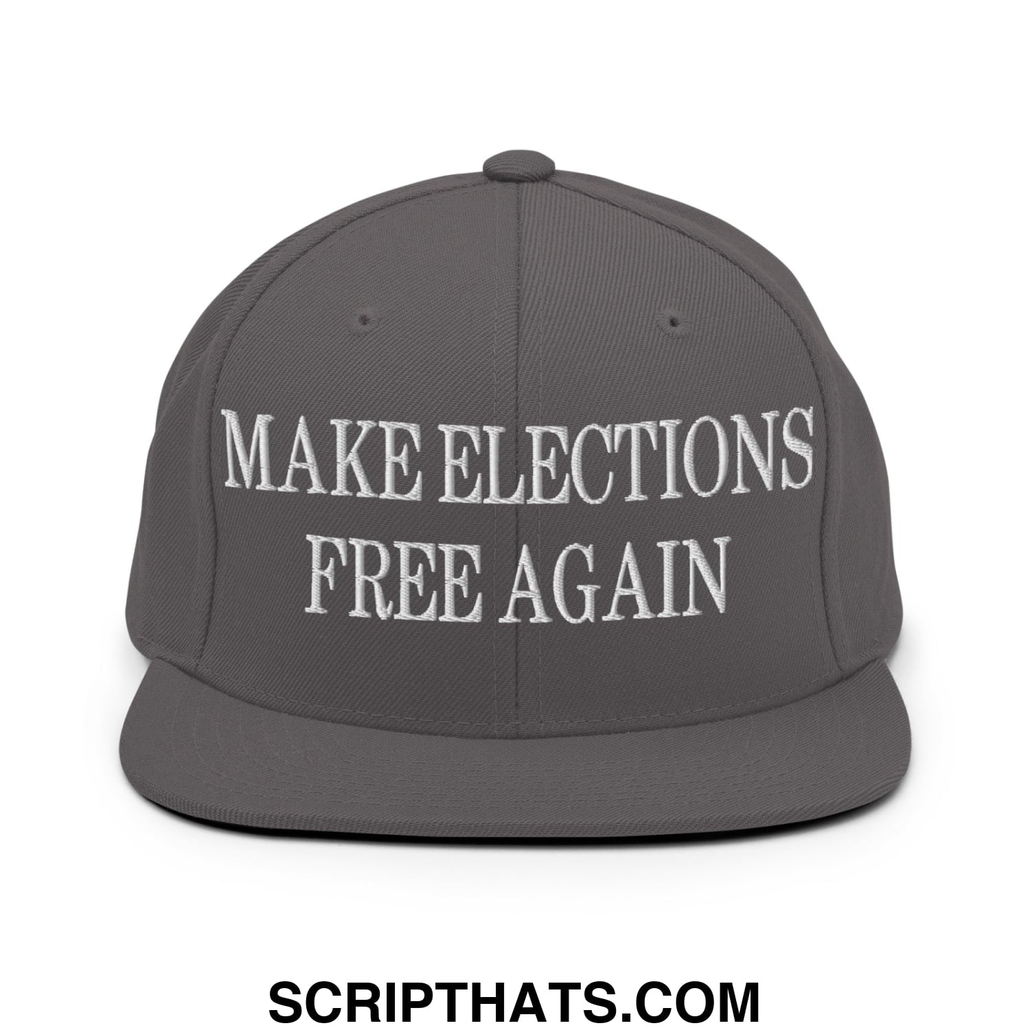 Gray flat bill snapback hat with white embroidered make elections free again text for casual wear