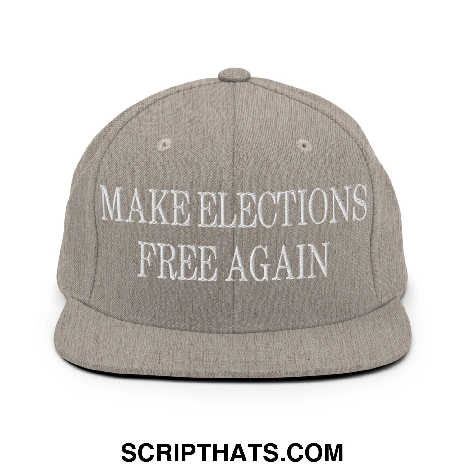 Gray snapback hat with white embroidered text make elections free again on a flat bill brim for casual wear