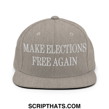 Gray snapback hat with white embroidered text make elections free again on a flat bill brim for casual wear