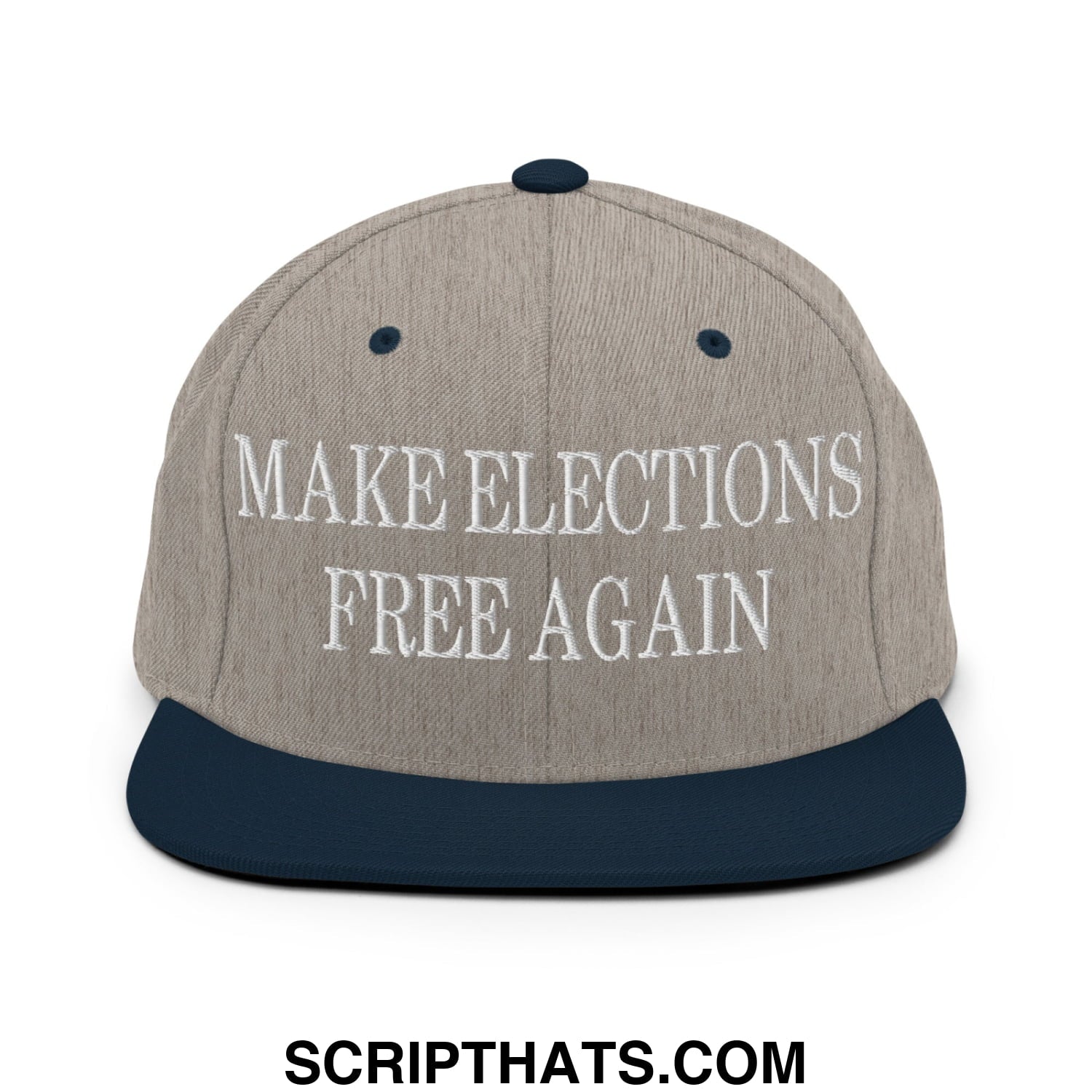 A beige and navy blue snapback hat with white embroidered text reading make elections free again on a flat brim
