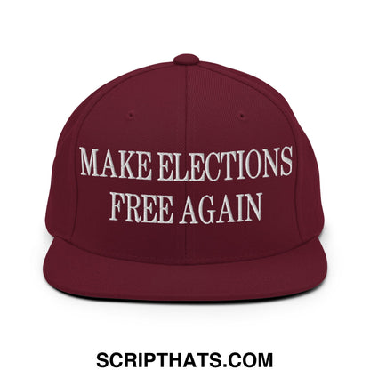 Maroon snapback cap with white embroidered make elections free again text and flat bill brim design