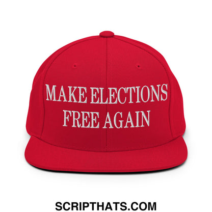 Red snapback cap with white embroidered make elections free again text and flat bill brim for casual wear