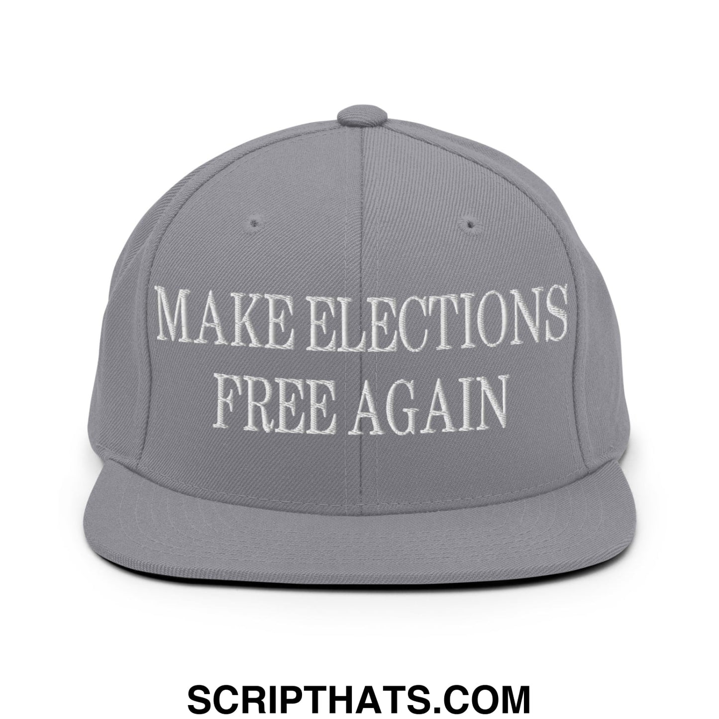 Gray snapback hat with white embroidered make elections free again text and flat bill brim for casual wear