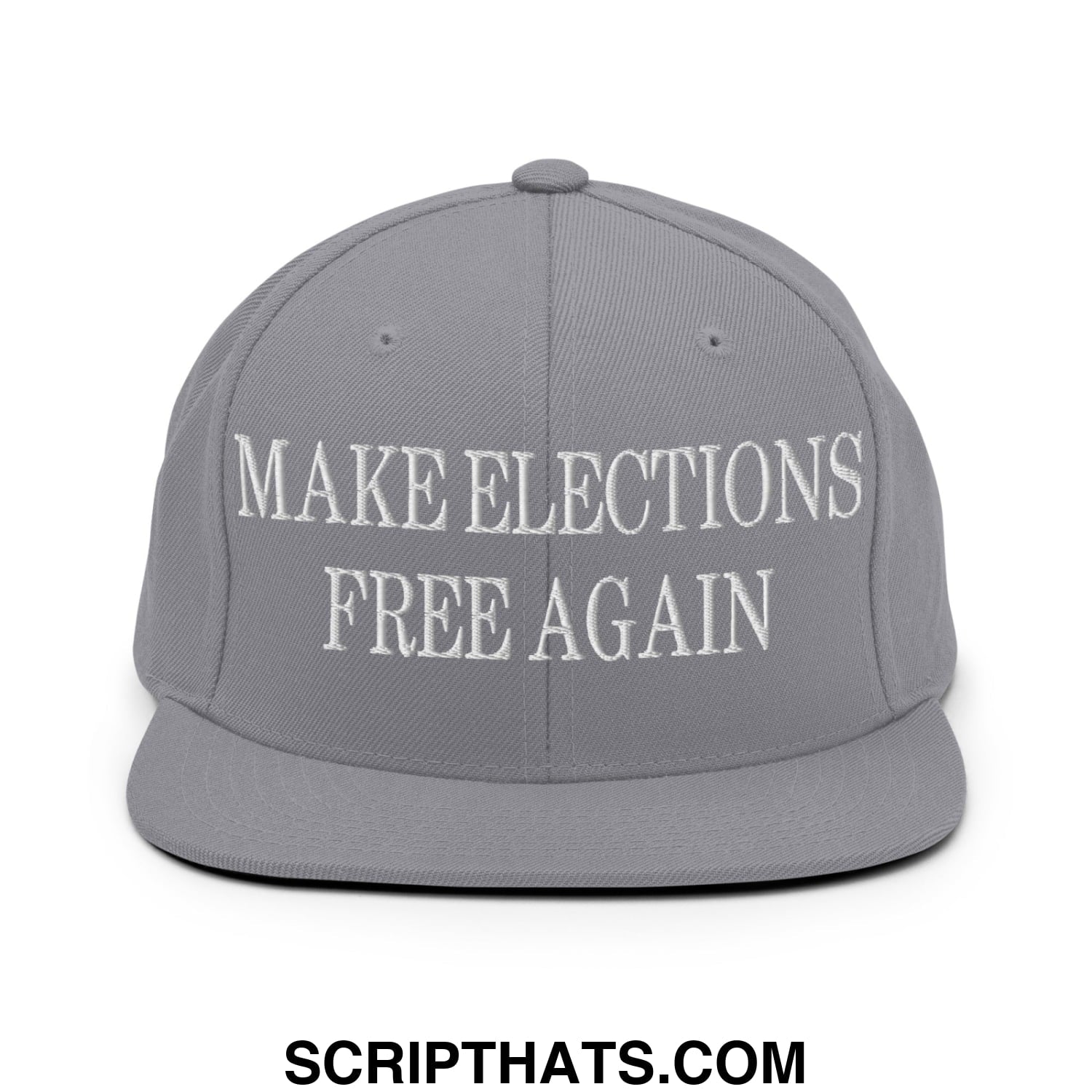 Gray snapback hat with white embroidered make elections free again text and flat bill brim for casual wear