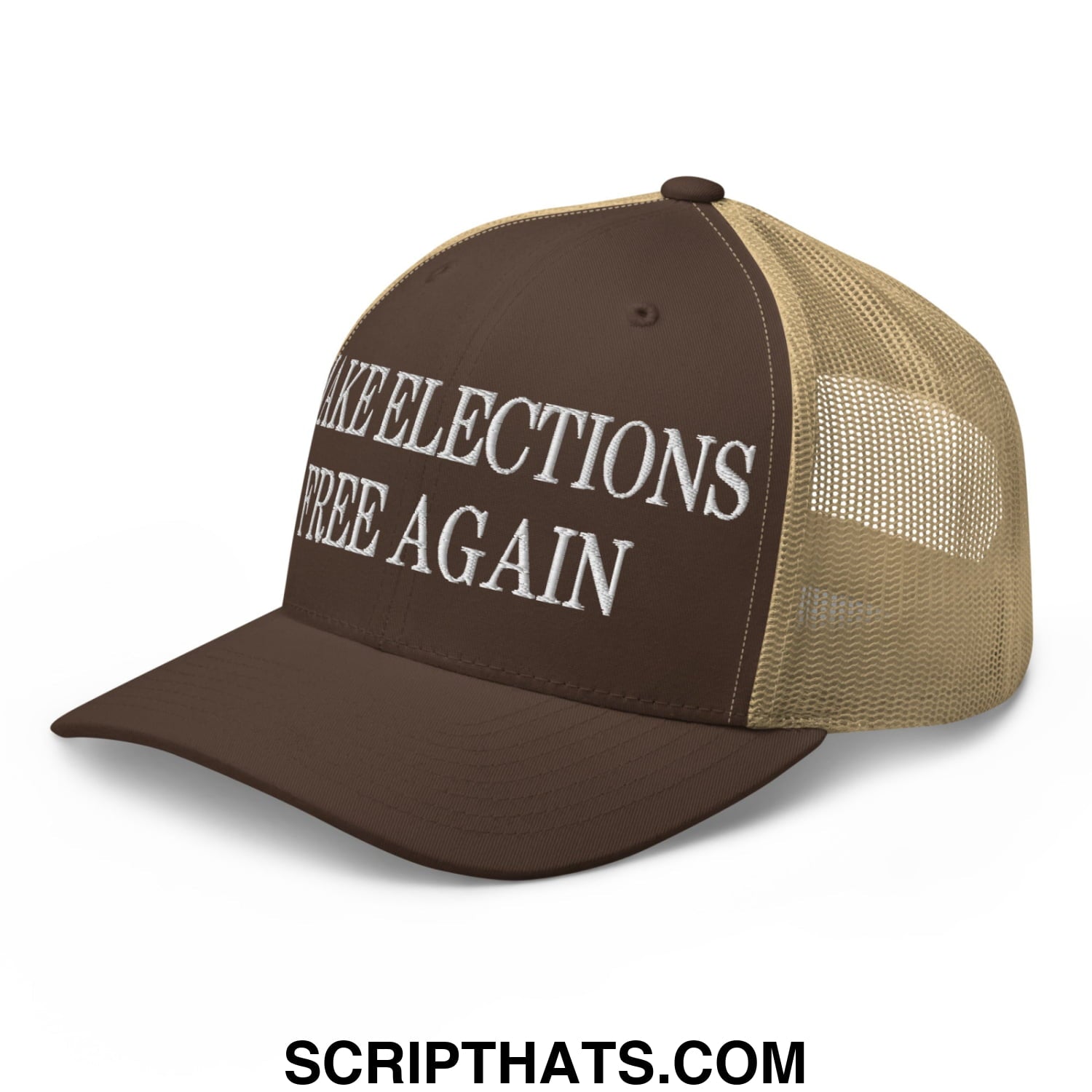 Brown and tan mesh trucker hat with white embroidered make elections free again text on front panel