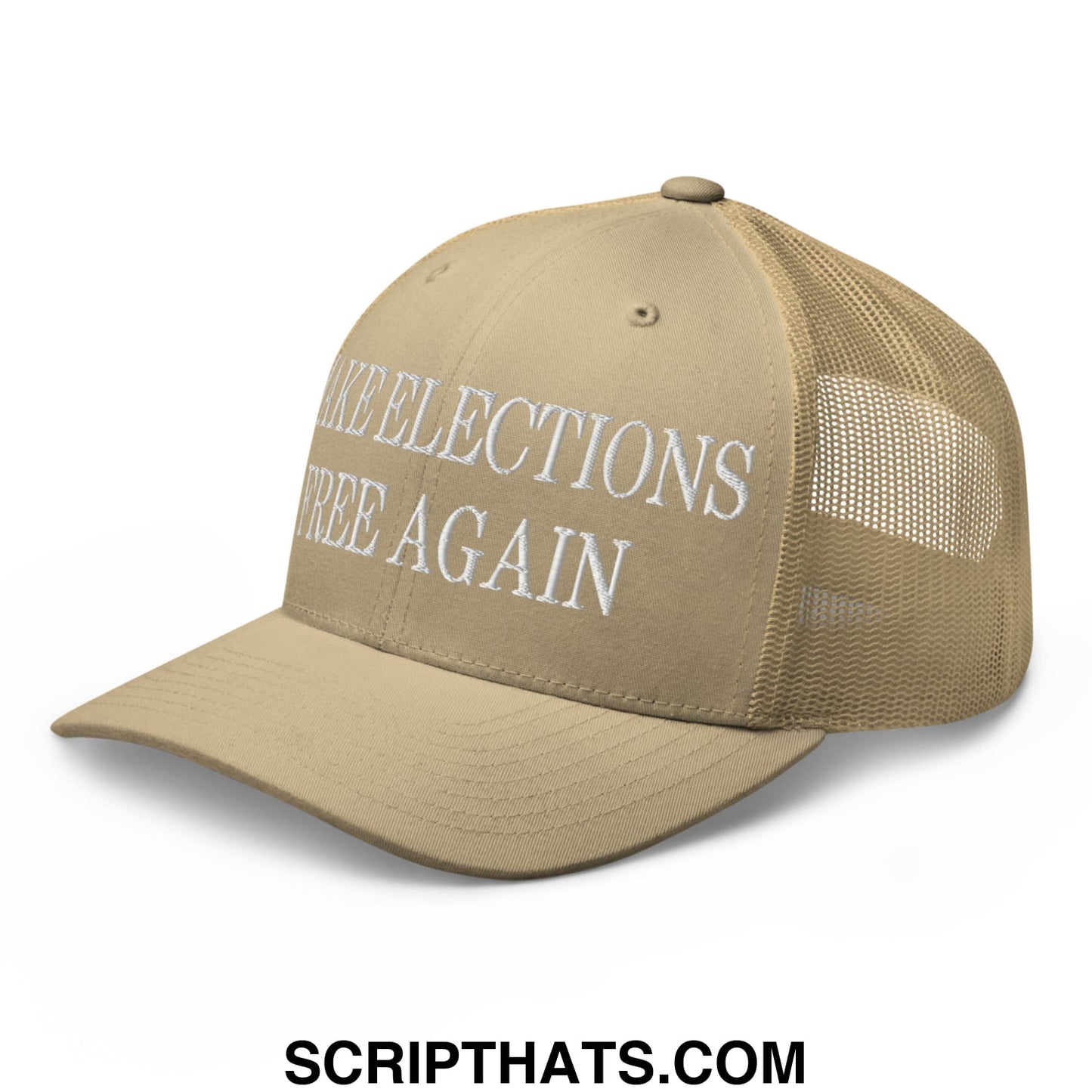 Tan mesh trucker hat with white embroidered make elections free again text on front panels