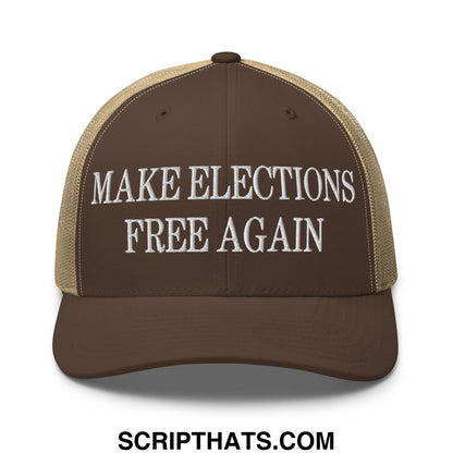 Brown and tan mesh trucker hat with white embroidered make elections free again text on the front panel