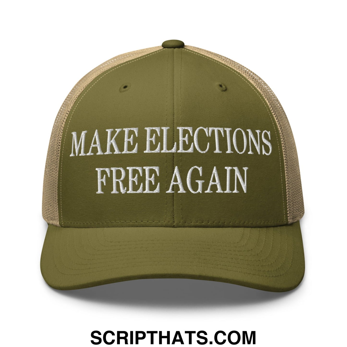 Olive green and tan mesh trucker hat with white embroidered text make elections free again