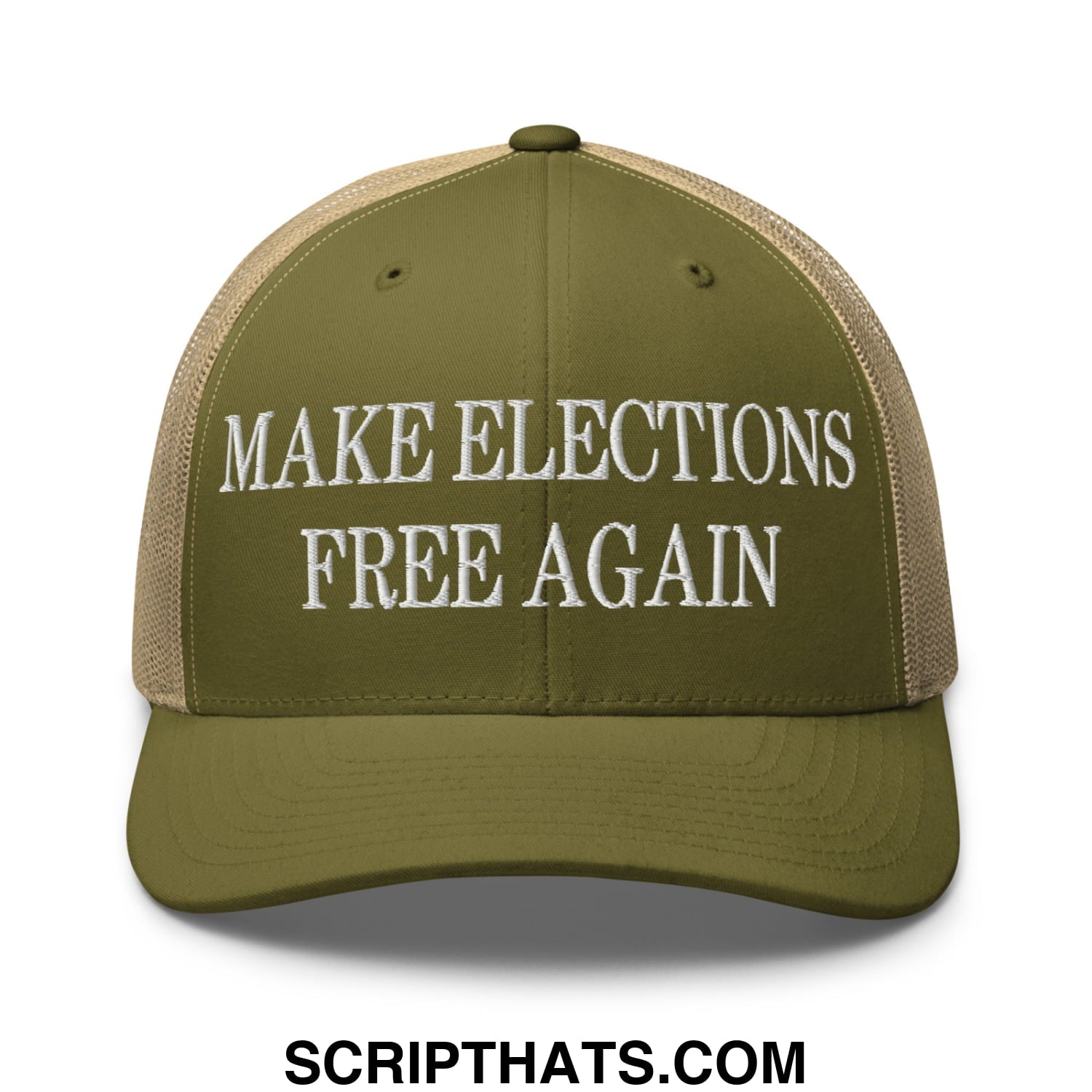 Olive green and tan mesh trucker hat with white embroidered text make elections free again