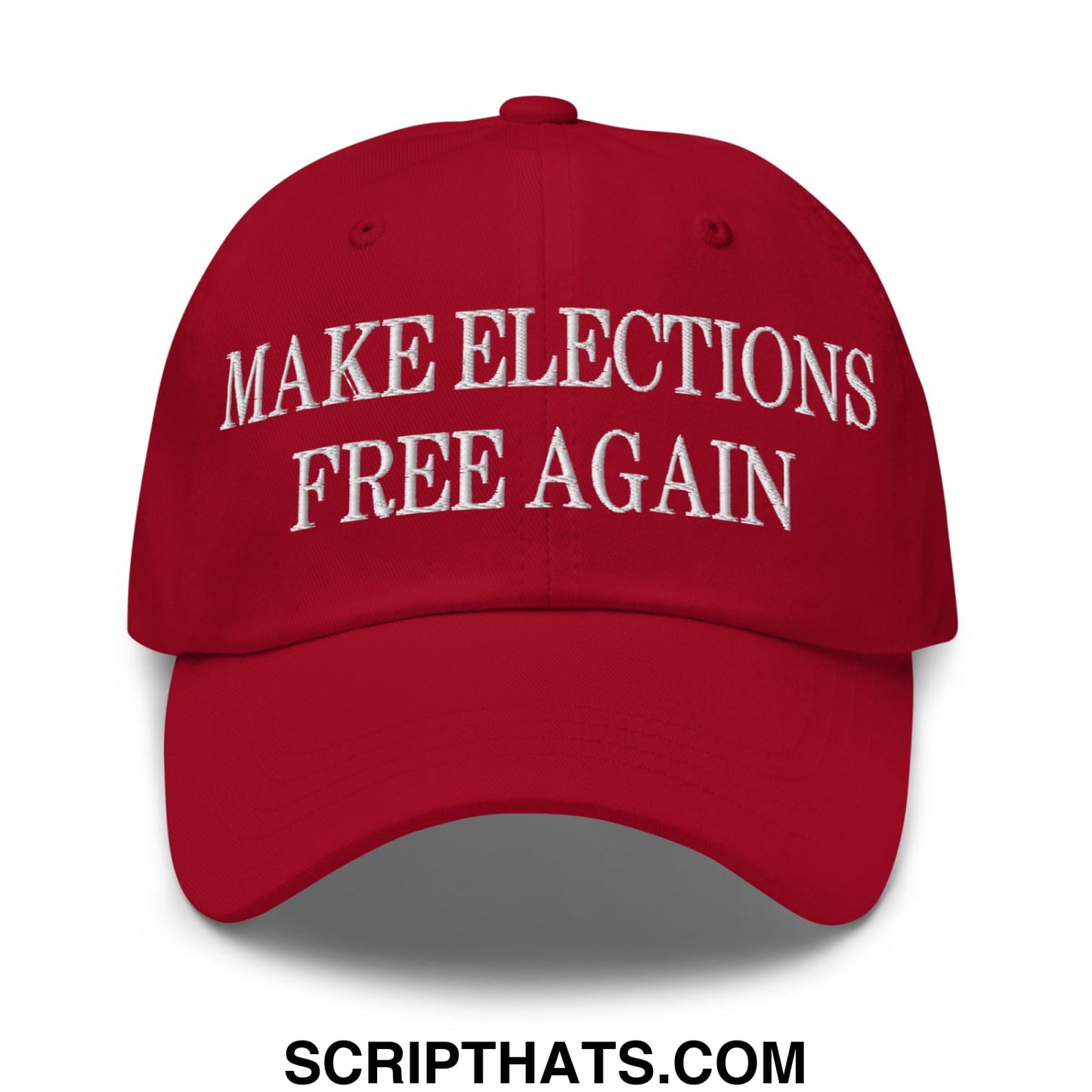 Red embroidered unstructured dad hat with make elections free again text for casual everyday wear