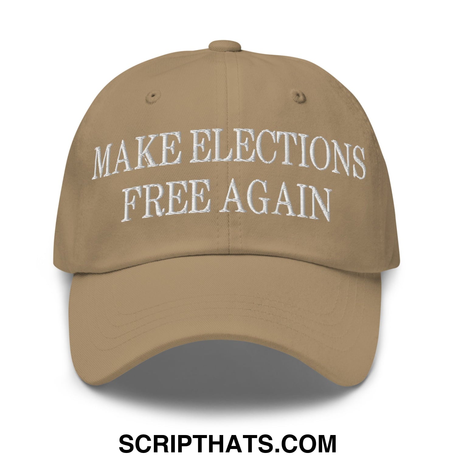 Tan embroidered unstructured dad hat with white make elections free again text for casual and political wear
